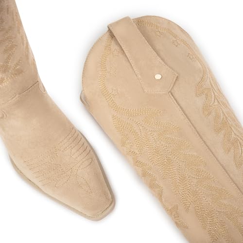 Image of wetkiss Cowboy Boots Womens Knee High Cowgirl Boots Embroidered Pointed Toe | Cowgirl Boots, Retro Embroidery, Block Heel, Stable and Comfortable, Pull-On, Style for a Classic Vintage Western Look