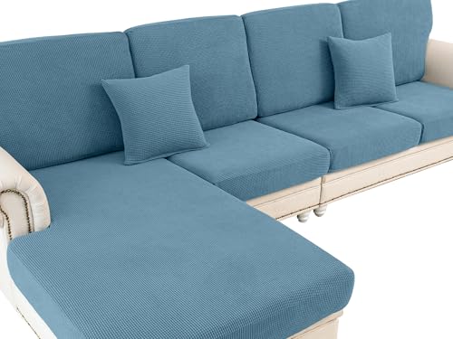 LA MEACK Couch Cushion Covers for Sectional Sofa L Shape Washable Separate Seat Chaise Couch Cover Stretch Sofa Slipcovers with 2 Pcs Pillowcases(2 Seater + 1 Chaise, Blue)