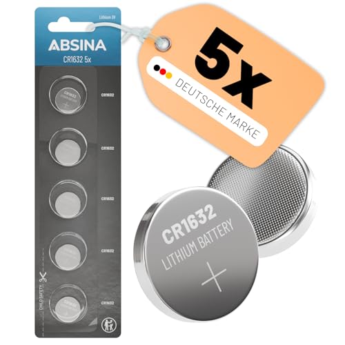 ABSINA CR1632 3V Lithium Knopfzelle 5er Pack - Batterien CR 1632 auslaufsicher & Lange Haltbarkeit - 1632 Knopfzelle für Autoschlüssel, Uhr UVM - Batterie 1632 Knopfzelle, Batterie CR 1632