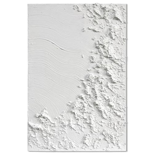 SAFERRYHOME 3D Textured Wave White Plaster Hand Painted Wall Art - Coastal Wave Abstract Painting - Minimalist Artwork for Beach House/Living Room Decor - 24"x36"