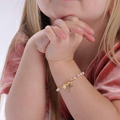 Children's 14K Gold-Plated Bracelet With Pink High End Simulated Pearls And Cross Charm For Baptism, Christening Or First Communion Gift For Girls (Lg) #TOP2
