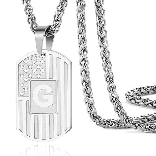 DuoDiner Initial Letter Pendant Necklace for Men Boys Dad,A-Z Capital Letter American Flag Dog Tag Necklace 24 Inches Stainless Steel Mens Chain,Birthday Gifts for Men Women Teens (Letter G, Silver)