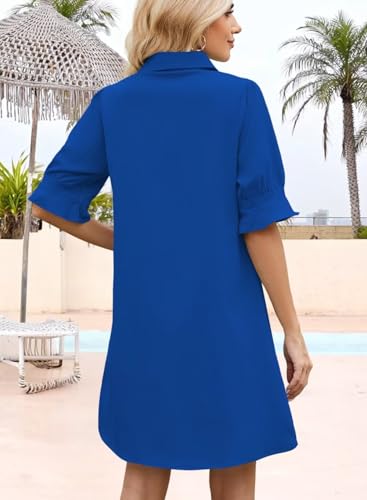 Image of Womens Summer Shirt Dress 2026 Casual Ruffle Short Sleeve Button Down Flowy Swing Shift Mini Dresses with Pockets
