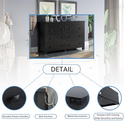 Image of HUANLEGO Black Dresser for Bedroom with 6 Drawers, Modern Chest of Drawers, Wood Dressers Bedroom Furniture Wide Storage Organizer, 6 Drawer Dresser for Closet, Living Room, Hallway