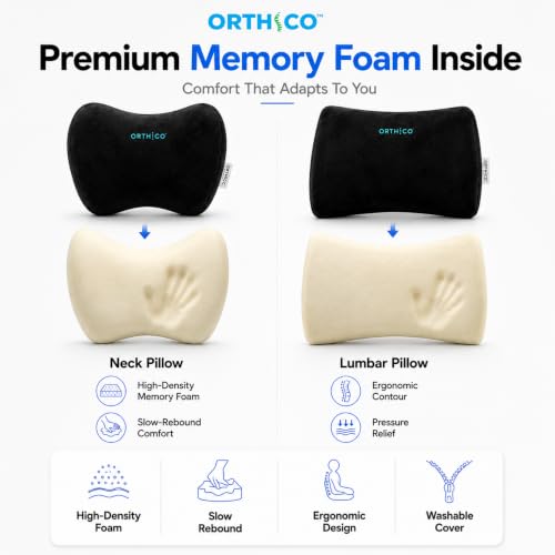 Image of Memory Foam Car Neck Pillow & Lumbar Support Combo | Ergonomic Car Headrest Neck Rest & Back Support Cushion for Driving, Office Chair & Travel | Black | Pack of 1
