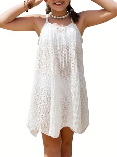 Girl's Crochet Backless Cami Swim Cover Ups Semi Sheer Hollow Out Cover Up Dress