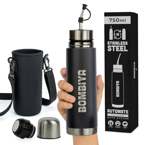 Mate listo 750ml con todas sus partes de acero inoxidable – Termo mate 2 en 1 cambiando su tapa es un termo clásico – Con bolso de Neoprene - Automate para tus mates argentinos o terere (Negro)
