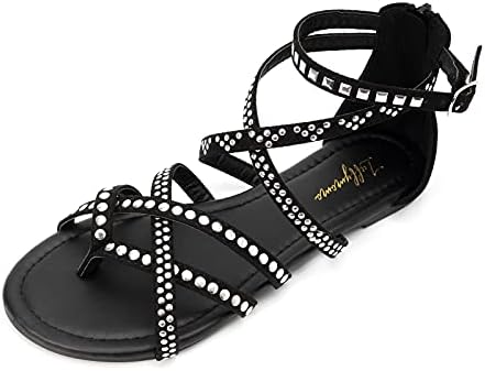 Luffymomo Women's Cross Strappy Sandals Flat Fisherman Thong Gladiator Strap Sandals (8 M US Black)