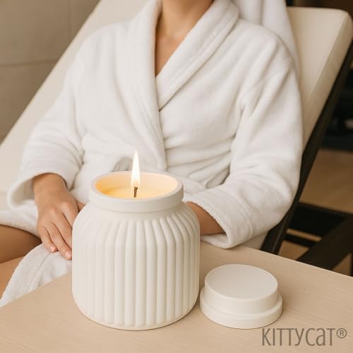 Image of Kitty Cat Aesthetic Soy Wax Scented Candles | Reusable Concrete Sea Shell Jars | Vanilla Aroma | 12+ Hours Burn Time | Perfect Home Decor for Bedroom, Office & Hostel (Minimal Ribbed Matte Jar)