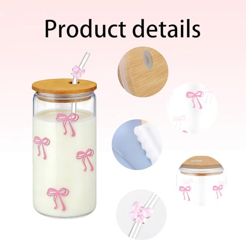 6 Pcs Bow Glass Cup Set - Iced Coffee Glasses with Lids and Straws, Stylish Tumbler for Home, School, or Work - Image 3