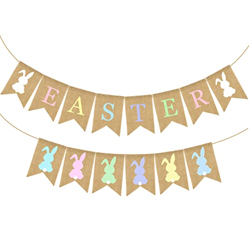 Doumeny 2Pcs Colorful Easter Burlap Banner Bunny Bunting Garland - Easter Party Banner for Mantle Fireplace Wall Party Supplies