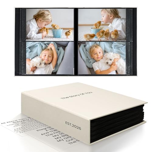 Vienrose Baby Photo Album 4x6 Small Slip-In Photo Book with 200 Pockets Cloth Cover Graduation Photo Album Acid-Free Pages DIY Custom Cover with Tweezers & Baby Themed Stickers Beige