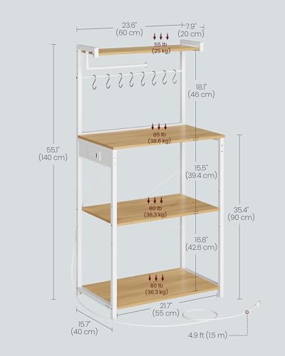 Image of VASAGLE BARNET Collection - Kitchen Bakers Rack with Power Outlet, 23.6-Inch Wide Coffee Bar 4-Tier with 8 S Hooks, Modern Microwave Stand, Adjustable Shelf, Golden Oak and Cloud White UKKS014Y01V1