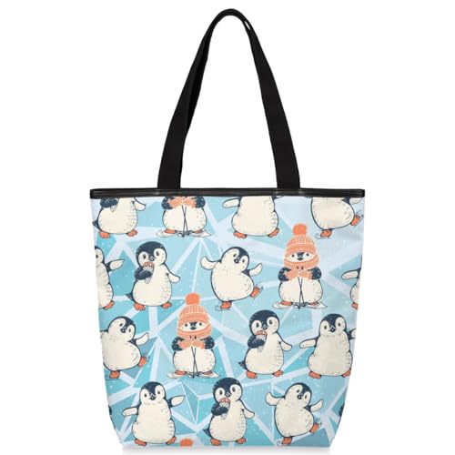Mularoka Penguin Skating Canvas Tote Bag with Zipper and Pockets Canvas Tote Shopping Bag Women Reusable Grocery Bag for Beach Travel Gym Shopping