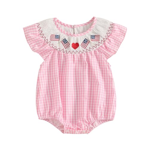 woshilaocai Fourth of July Smocked Bubble Romper Baby Girl American Flag Gingham Bodysuit Summer Baby Outfit