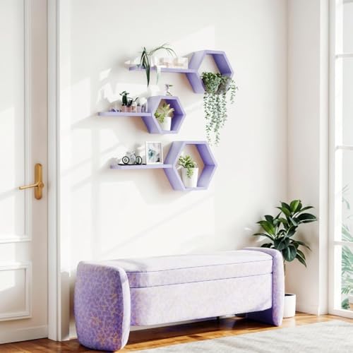 Image of Wooden Floating Wall Mounted Set of 6 Hexagon Shelves Display Shelf for Photos, Plants, Rustic Honeycomb Shelves for Living Room, Bedroom, Bathroom, Kitchen, Office (Purple)