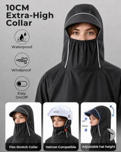 Image of ANYCHO Long Rain Coat for Men Waterproof and Women, Unisex Raincoat for Women Waterproof with 10cm Extra-High Collar & Reflective Stripe, Oxford Rain Poncho for Travel, Hiking, Motorcycle Riding