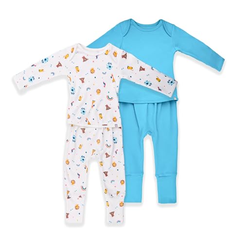 Image of OETEO Oeko-Tex Certified Cotton Easy-To-Wear Baby Romper Convertible Footies and Mittens-Adaptive Gtube Coverall Sleeper Pack (3-6 Months, Rainbow Safari Teal)