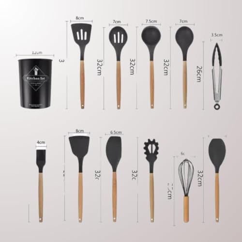 Utensílios Cozinha 12 Peças Kit Silicone Cabo de Madeira Antiaderente Colher Copo Suporte Preto