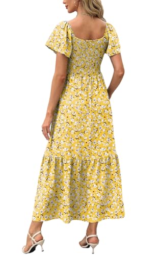 Image of OFEEFAN Summer Dresses for Women Square Neck Ruffle Sleeve Smocked Maxi Dress with Pockets