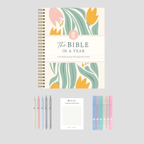 Official Spiral Bible® The Bible in a Year | 52 Week Guided Bible Study & Daily Reading Plan, Pastel Highlighters, Pen Set, & Transparent Sticky Notes