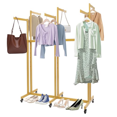 CRYBY Garment Display Rack, Adjustable Clothing Retail Rack Clothing Hanger Stand with 6 Arms & 6 Universal Wheels, Iron Clothes Rack Garment Rack Shirt Rack Retail Display Rack for Home (Gold)