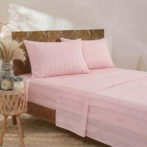 Image of Merryword Pink Pinstripe Sheet Set King Size - 100% Cotton Striped Bedding 4 Pieces, Soft Breathable Percale Weave, 17.5 inch Deep Pocket, Luxury Linen Like, All Season Comfort