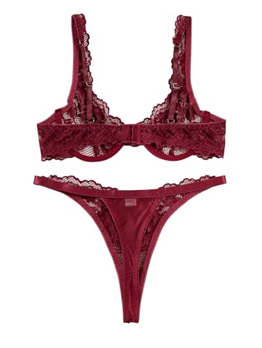 Image of Lilosy Sexy Floral Lace Scallop Underwire Push Up Sheer Lingerie Set Outfits