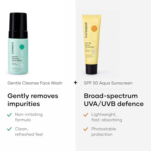 Image of Cureskin Daily Cleanse & Protect Duo | pH-Balanced Lactic Acid Brightening Face Wash 100 ml + SPF 50 PA+++ Aqua Sunscreen 50 g | Hydration, Barrier Repair & UV Protection Combo