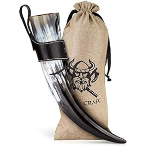 VIKING CRAFT® Drinkhoorn, Viking, ca. 450 ml, authentieke 3-delige hoornset voor Vikingen met honingwijn met riemhouder, methoorn, Viking-decoratie, LARP middeleeuwse bierpul