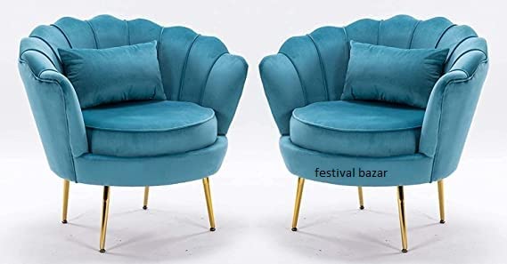 Image of Living Room Vintage Velvet Fabric Tub Armchairs with Metal Leg Armrests Lounge Comfortable Royal & Luxury (Light Blue, 1 Seater (Set of 2))