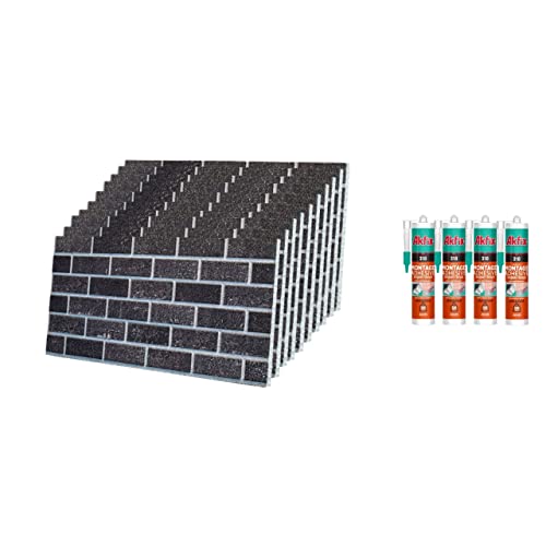 IZODEKOR Juego de paneles de pared 3D con aspecto de piedra, revestimiento de pared con adhesivo Akfix 310, humo de ceniza, (10 paneles y 4 Akfix 310) Cover