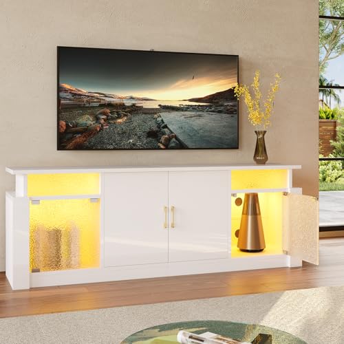 Bestier High Gloss TV Stand with Adjustable Shelves for 55/60/65 inch TV, Modern TV Unit with Two-Door Cabinet & Cable Management, 63 inch TV Cabinet for Living Room & Bedroom, White