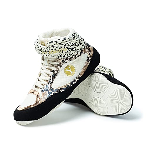 Yes! Athletics - Beast Wrestling Shoes for Girls and Women, Light, Breathable Boxing Shoes, Microsuede Leopard Printed Weightlifting Shoes with Hook and Loop Strap, Beast Tan, Women's Size 5.5
