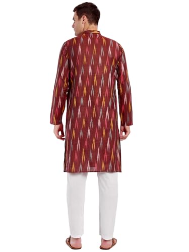 Image of SKAVIJ Men's Pure Cotton Printed Kurta Pajama Set Ikat Design Casual Ethnic Dress