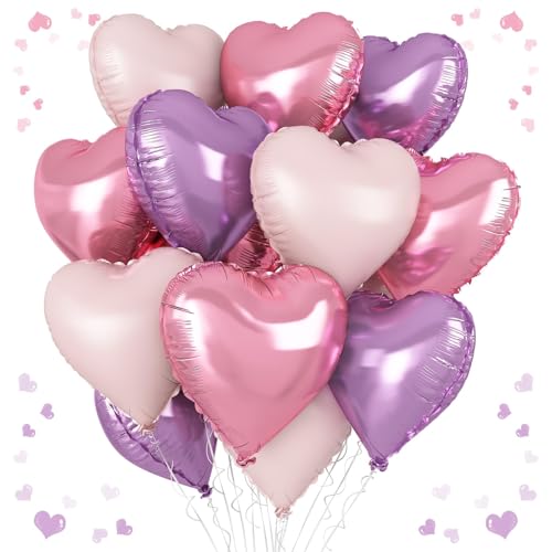 Pink Purple Heart Balloons 18 Inch Light Purple and Pink Heart Shape Balloons 12PCS Pastel Pink Purple Helium Mylar Heart Balloon for Girls Birthday Marriage Engagement Wedding Party Decoration