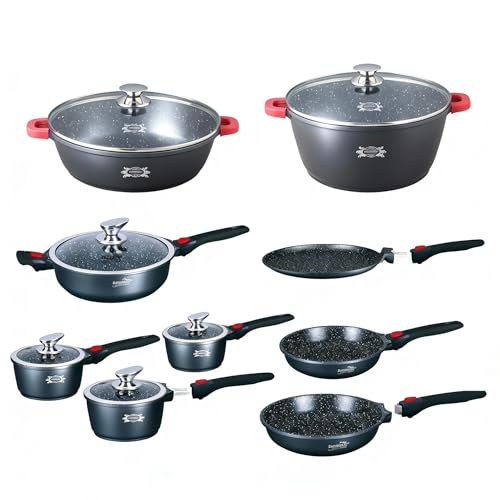 HAUSSMANN Heritage Batterie de Cuisine 22 Pièces en Fonte d'Aluminium-Revêtement Antiadhésif Façon Pierre - Manches Amovibles (Gain de Place) - Tous Feux dont Induction - Sans PFOA