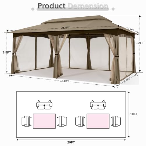 MASTERCANOPY Outdoor Patio Gazebo for Garden with Upgrade Steel Frame and Netting Walls (10x20,Khaki) - Image 3