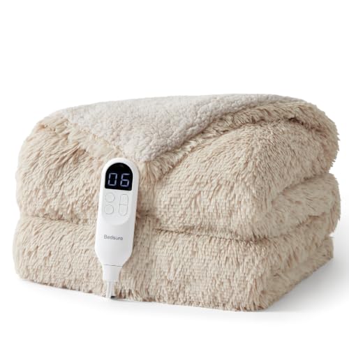 Image of Bedsure Faux Fur Heated Blanket Throw, Long-Pile Electric Blanket, Beige