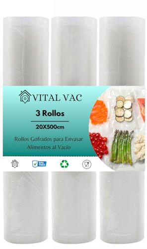 VITAL VAC 3 Rollos de Envasar al Vacío de 20x500 cm | Para Máquina de Envasar al Vacío Doméstica | Compatible con Silvercrest, Jata, Cecotec…