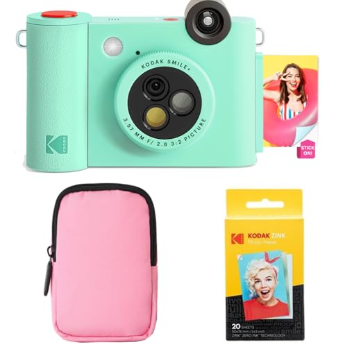 KODAK Smile+ 2-in-1 Digital Instant Print Camera & Wireless Bluetooth Photo Printer Starter Bundle + Soft Case + Zink 20pk Sticky-Back Photo Paper - 10MP, Special-Effect Rotating Lens - Green
