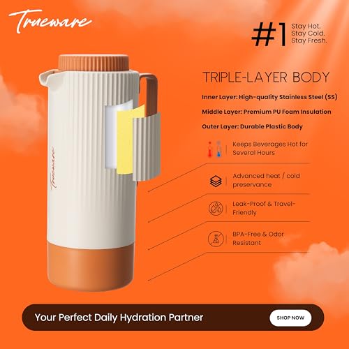 Image of Trueware Amaze ISI Certified Inner Steel Thermoware 1500 ML Hot & Cold Flask Jug, BPA Free, Leak Proof, Ideal for Tea, Coffee, Water, Hot and Cold Beverages