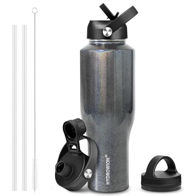 HYDROWION 32oz Stainless Steel Water Bottle with Straw Lid Spout Lid Flex Cap Black