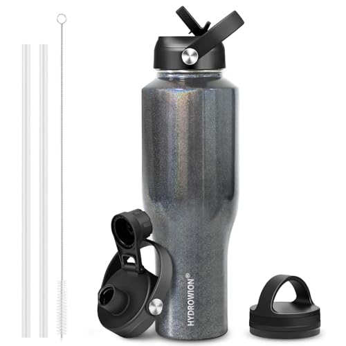 Image of HYDROWION 40 oz Insulated Water Bottle with Straw fit in Car Cup Holder(Cold 48 hrs, Hot 24 hrs) Drinking Bottle with Straw Lid, Spout Lid and Flex Cap Leakproof Travel Thermo Mug，Laser Grey