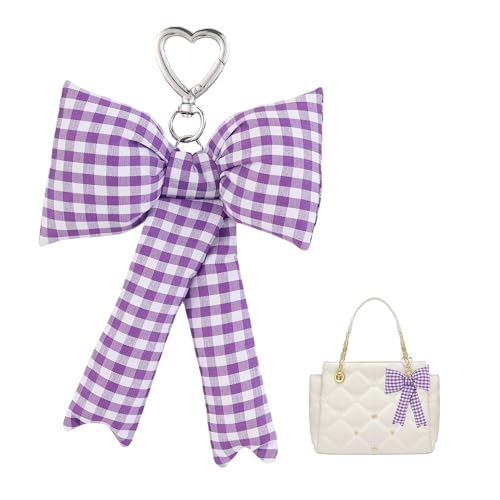 Image of Pink Bow Keychain Bag Charms Y2K Bowknot Plaid Keychains Coquette Aesthetic Purse Handbag Backpacks Charms (Purple)