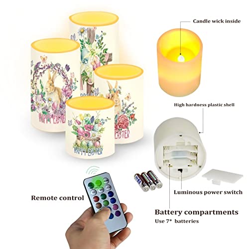 Image of Happy Easter Flameless LED Candles Electric Candles with Remote Timer Colorful Light Control Long Lasting for Easter Day Decorations Pack of 4, Bunny Flower Butterfly Wreath, White