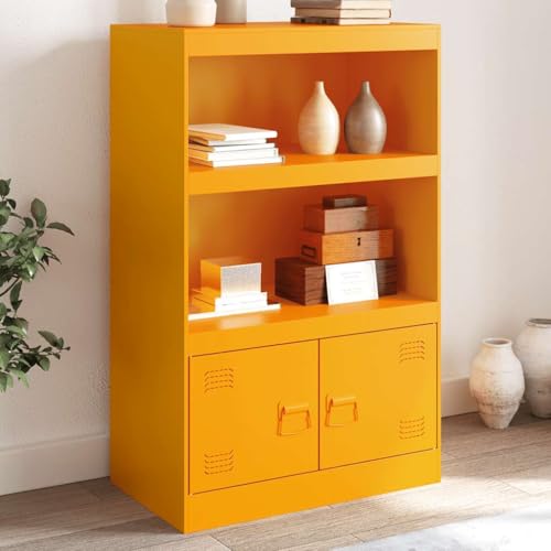 Holamys Aparador amarillo mostaza 67 x 39 x 107 cm, acero laminado en frío, armario con 2 puertas, estantes, tiradores de metal, muebles de almacenamiento robustos para salón, oficina