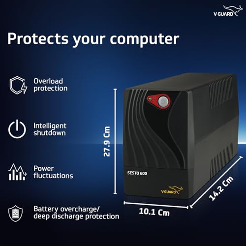 V-Guard Sesto 600 UPS for Power Backup & Protection | Capacity 600VA/300W | Working Range 140-300 VAC (Black) - Image 5