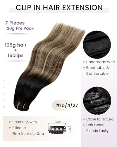 Image of LaaVoo Clip in Hair Extensions Ombre Quick Installation Straight Remy Hair | Human Hair Extensions Clip Ins, Black Ombre Brown Mix Caramel Brown, 24inch 140g 7pcs, Add Volume, For Long Hair, For Party