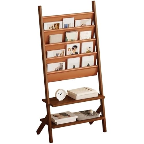 WBJGUOD Solid Wood Magazine Rack, 4-Tier Display Shelf with Double Storage, Floor-Standing Organizer Space-Saving Bookshelf for Exhibition, Office, Study Room